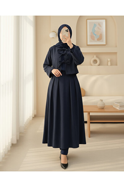 Modamorfo Lace-Up Front Skirted Suit - Navy