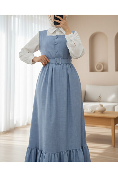 Modamorfo Φόρεμα Gilet με κουμπιά στο επάνω μέρος, βολάν στο κάτω μέρος και ζώνη στη μέση - Baby Blue