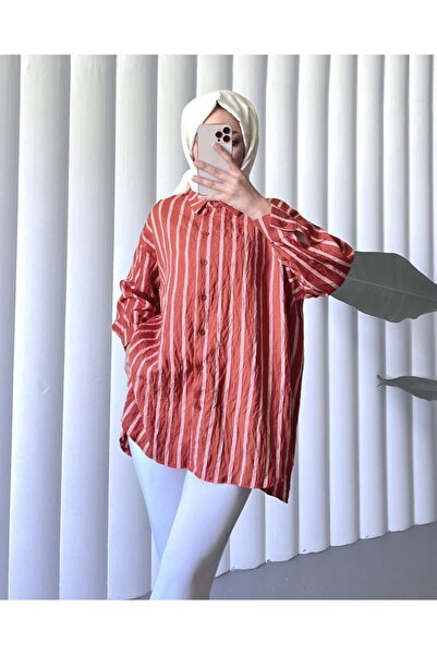 Modamorfo Brick Color Buttoned Long Striped Shirt