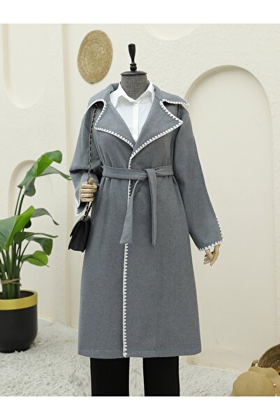 MissRunin Пастуший шов, пояс на талії, кашеміровий пальто - сірий