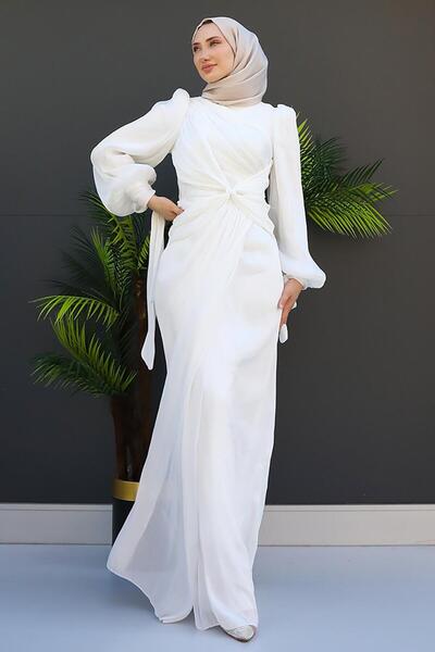 GİZ AGİYİM Βραδινό φόρεμα από μεταξωτό λευκό ορχιδέα