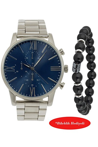 Duke Nickle Duj1009 Men's Silver Metal Cord Navy Blue Dial Wristwatch with Bracelet Gift
