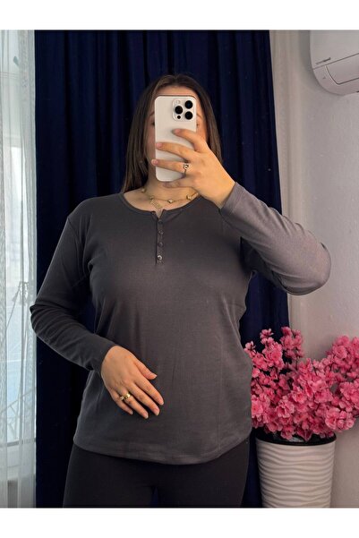 YNSGİYİM KOPYA - Yns - Kadın Pamuklu Ribana %100 T-shırt Bluz Uzun Kollu