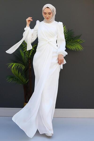 GİZ AGİYİM Βραδινό φόρεμα από μεταξωτό λευκό ορχιδέα