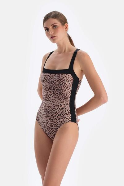 Dagi Μαγιό καφέ λεοπάρ με τετράγωνο λαιμόκοψη