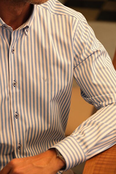 Fitmens Slim Fit Long Sleeve Lycra Striped Collar Buttoned Gift Boxed Men's Shirt Fs-003669 - Light Blue