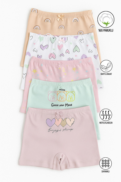 ÖZKAN underwear Özkan 41602 5'li Paket Kız Çocuk Karışık Renkli Desenli Pamuklu Yumuşak Rahat Şort Boxer