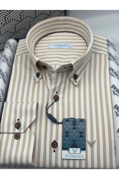 Fitmens Slim Fit Long Sleeve Lycra Striped Collar Buttoned Gift Boxed Men's Shirt Fs-003669 - Beige