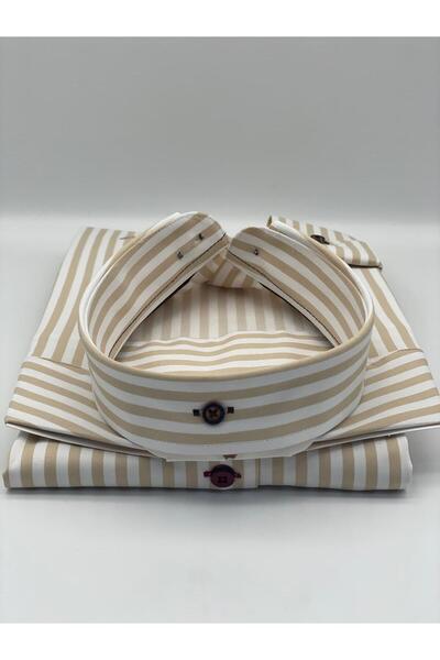 Fitmens Slim Fit Long Sleeve Lycra Striped Collar Buttoned Gift Boxed Men's Shirt Fs-003669 - Beige