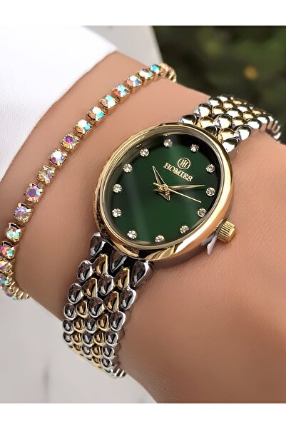 Homies Original New Season Green Gold Color Women's Wristwatch with Bracelet Gift
