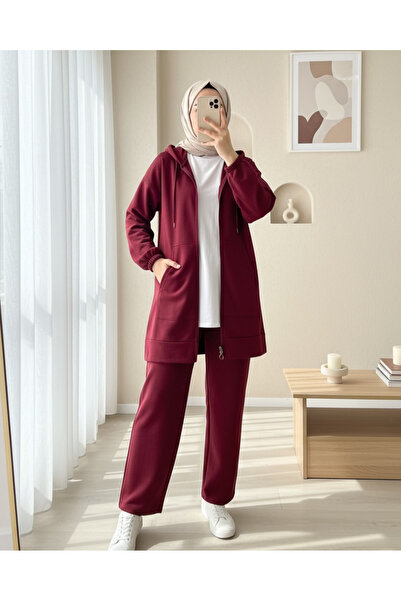 Modamorfo Zippered Hooded Combed Cotton Suit - Burgundy