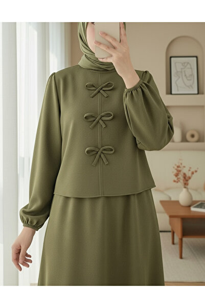 Modamorfo Scuba Suit with Bow Detail on the Front and Skirt - Khaki