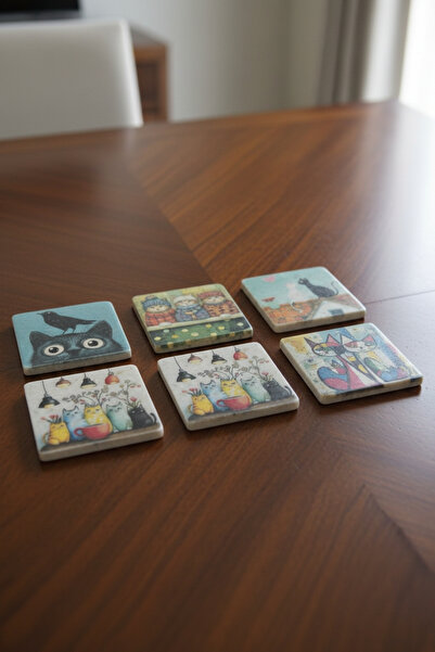 FourArts 6’lı Kedi İllüstrasyonlu Kare Mermer Bardak Altlığı Seti | Şık Dekor...