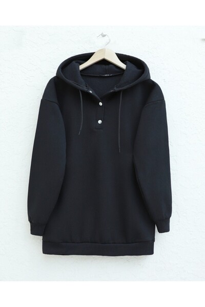 Modamorfo Hooded Three-Thread Sweatshirt with Snap Fasteners on the Collar - Black