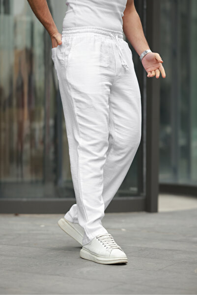 comstar Men's Elastic Waist Loose White Linen Baggy Trousers