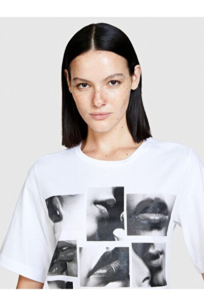 Sisley 100% Cotton Front Foil Printed Crew Neck T-Shirt Women's White T-Shirt - 324P3096L104X