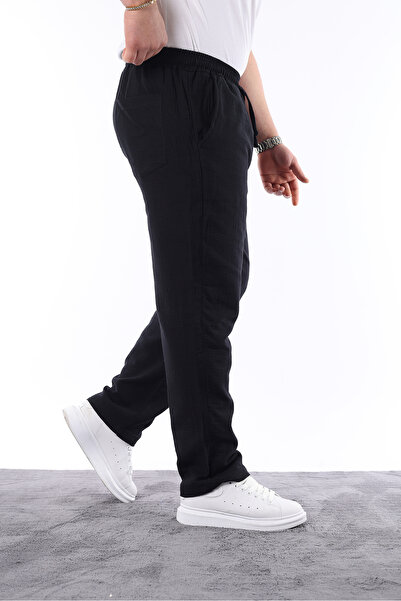 comstar Men's Elastic Waist Loose Black Linen Baggy Trousers
