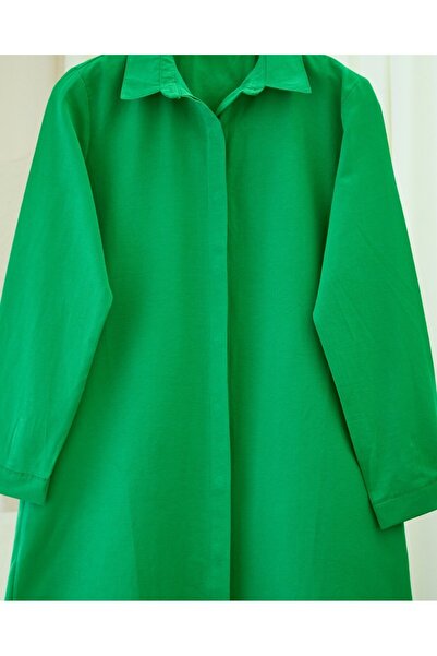 Modamorfo Oval Cut Long Shirt with Hidden Buttons - Green