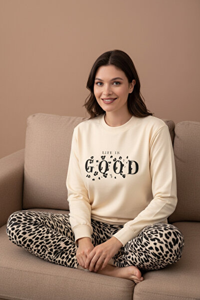 GUAVA+ Γυναικείο σετ πιτζάμες χειμερινό jogger με λεοπάρ γιακά και μανσέτες στον αστράγαλο με 2 τσέπες με κλωστή