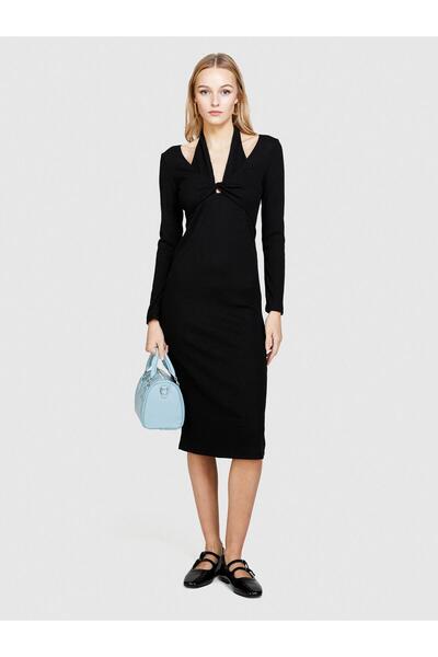 Sisley Women's Long Sleeve Dress with Shoulder and Front Detail Black Dress - 324P4Uvtlv05D