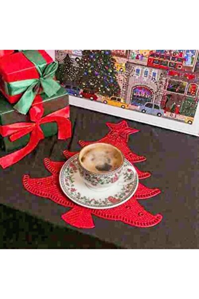 Yenigeldi 2 Pcs Red Christmas Tree Coasters Vinyl Non-Slip Washable Heat Resi...