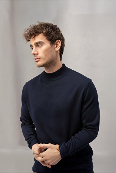 Valiberta Fincher Half Fisherman Slim Fit High Neck Men's Sweater - Navy Blue