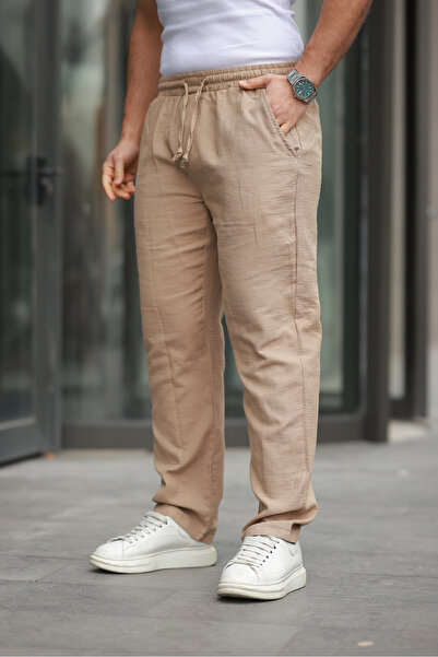 comstar Men's Elastic Waist Loose Mink Linen Baggy Trousers