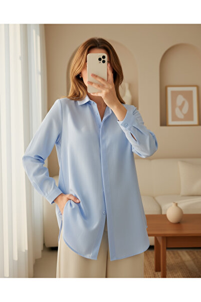 Modamorfo Oval Cut Long Shirt with Hidden Buttons - Baby Blue