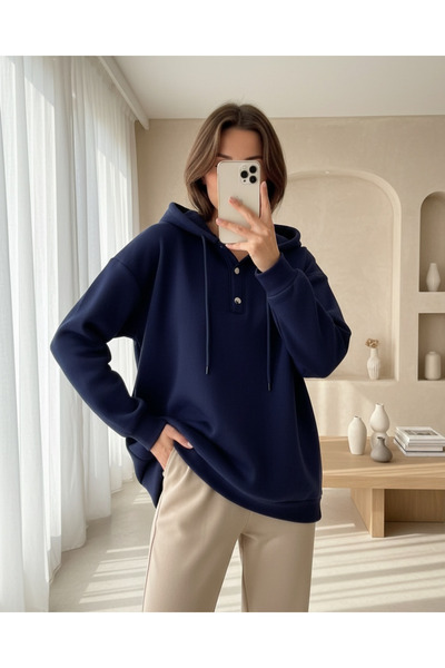 Modamorfo Hooded Three-Thread Sweatshirt with Snap Fasteners on the Collar - Navy