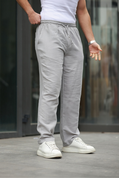 comstar Men's Elastic Waist Loose Gray Linen Baggy Trousers