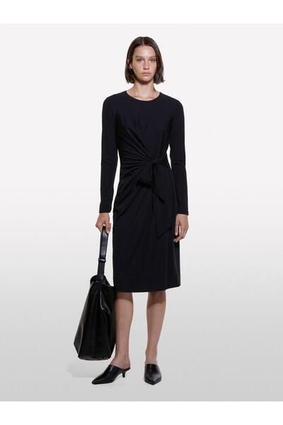 Sisley Viscose Blend Front Knot Detail Long Sleeve Dress Women Black Dress - 324A4Nqxlv066
