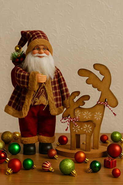 Uretti - Funda 1603 El Yapımı Noel Baba Biblo ve Ahşap Geyikli Peçetelik 2'li...