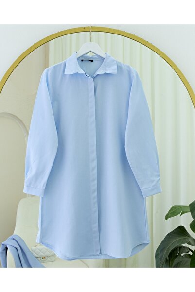 Modamorfo Oval Cut Long Shirt with Hidden Buttons - Baby Blue
