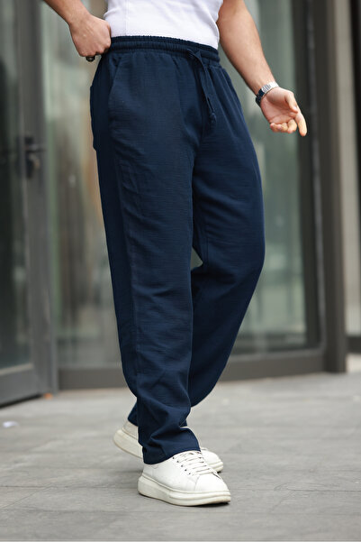 comstar Men's Elastic Waist Loose Navy Linen Baggy Trousers