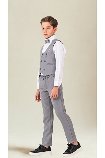 Atlas Kids Boy's Tuxedo Suit – Vest Set Bow Tie Shirts with Jogger Pants and Chains Set of 5