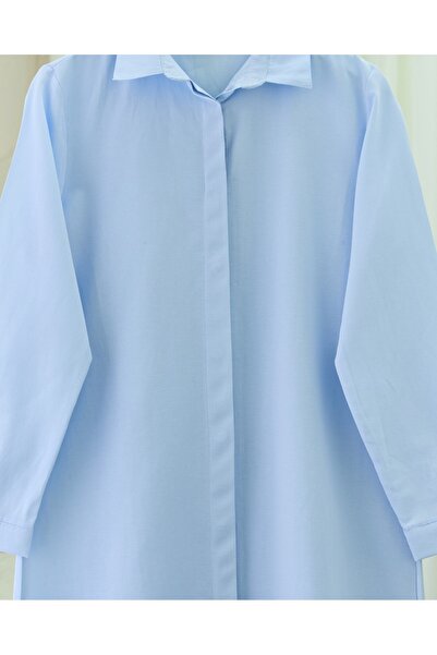Modamorfo Oval Cut Long Shirt with Hidden Buttons - Baby Blue