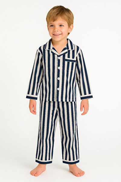 minibambi Σετ πιτζάμες Unisex Παιδικές Βαμβακερές Πιτζάμες με ρίγες σε μπλε ν...