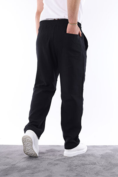 comstar Men's Elastic Waist Loose Black Linen Baggy Trousers