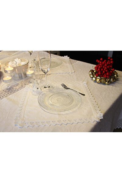 Nicoratex Rectangular white tablecloth 180cm x 130cm with lace and set of 6 white napkins 30cm x 30cm