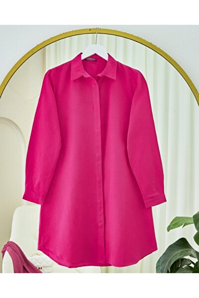 Modamorfo Oval Cut Long Shirt with Hidden Buttons - Fuchsia