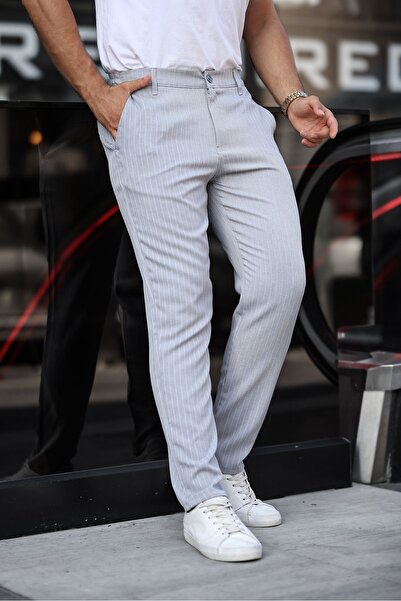 comstar Men's Slim Fit Straight Leg Gray Striped Trousers