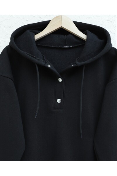 Modamorfo Hooded Three-Thread Sweatshirt with Snap Fasteners on the Collar - Black
