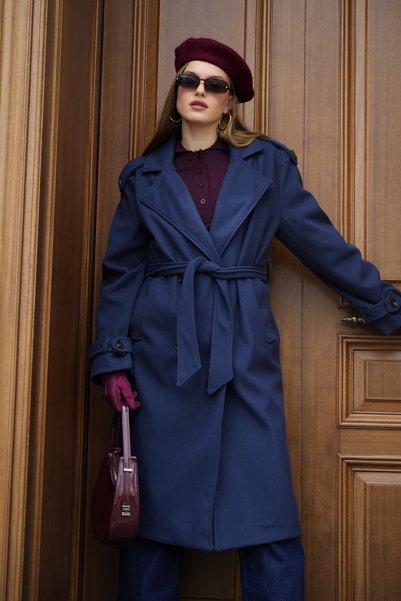 PERADO Navy Blue Belted New Season Lined Premium Quality Women's Cashmere Coat