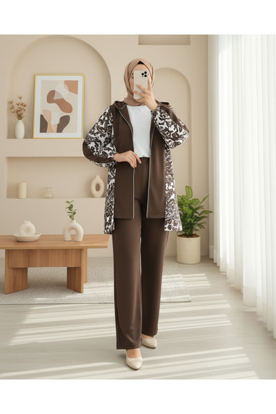 Modamorfo Zippered Hooded Scuba Suit with Patterned Sides - Brown