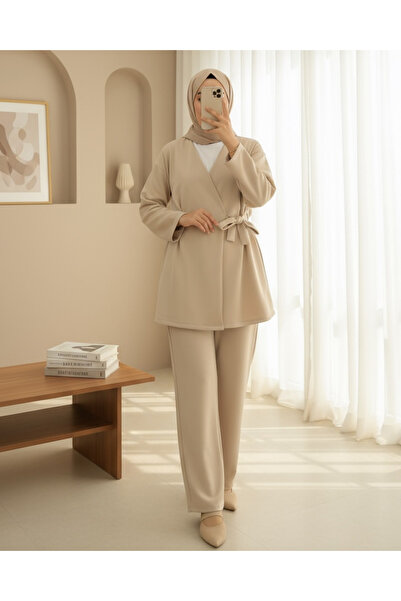 Modamorfo Buy Double Tie Scuba Kimono Set - Beige