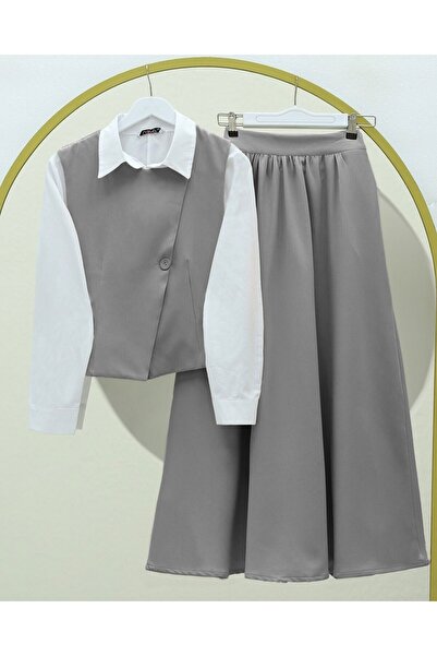 Modamorfo Gray Cross Button Vest and Skirt Set