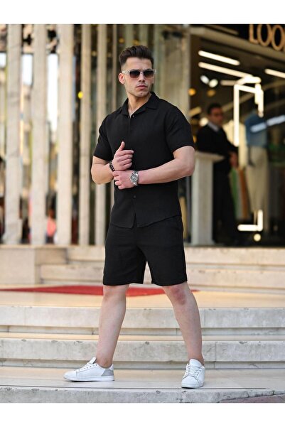 comstar Men's Muslin Basic Shorts Shirt Collar Black Double Set