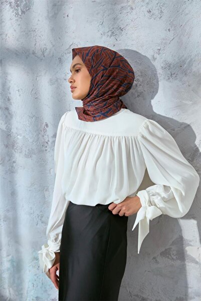 Silk Home Eșarfă moale din bumbac poliester maro roșu model geometric 90*90