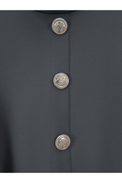 Modamorfo Button Detailed Stand Collar Shoulder Ruffle Scuba Suit Fume