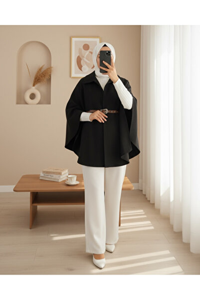 Modamorfo Stamped Poncho with Buttons on the Shoulder and Waist Belt -Black